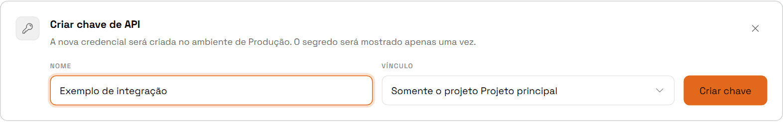 Formulário demonstrativo para nomear e vincular uma chave de API ao projeto