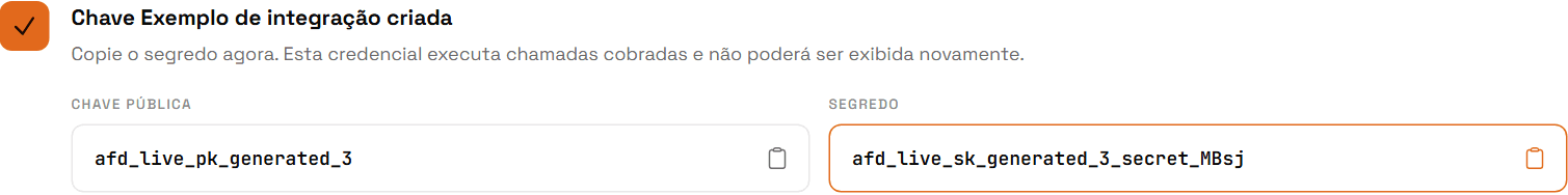Aviso demonstrativo com chave pública e chave secreta exibidas após a criação